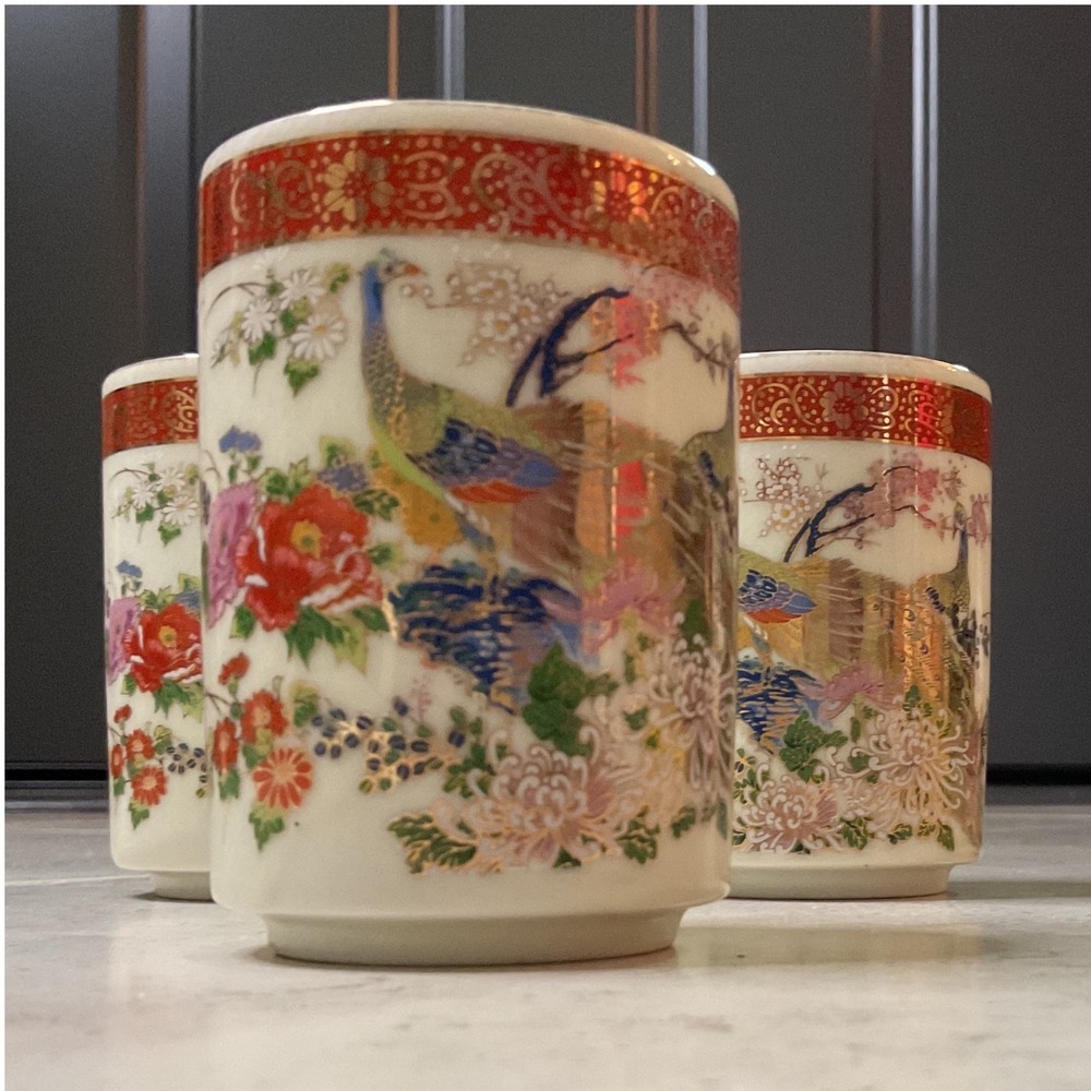 Vintage Satsuma Japan Peacock Tea Cup Set of 3 Ceramic Gold Gilt Moriage Floral